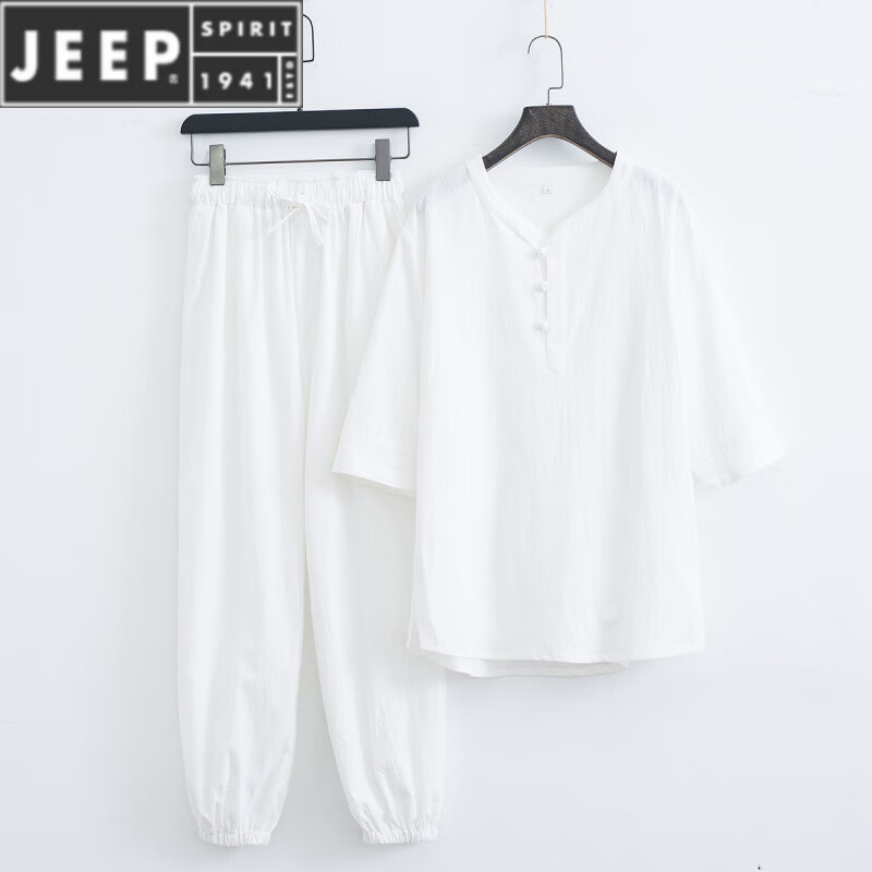 JEEP SPIRIT居士服男中式佛系禪意素衣套裝棉麻道服拜佛衣服禪服女款禪修唐裝 白色套裝 3XL 185