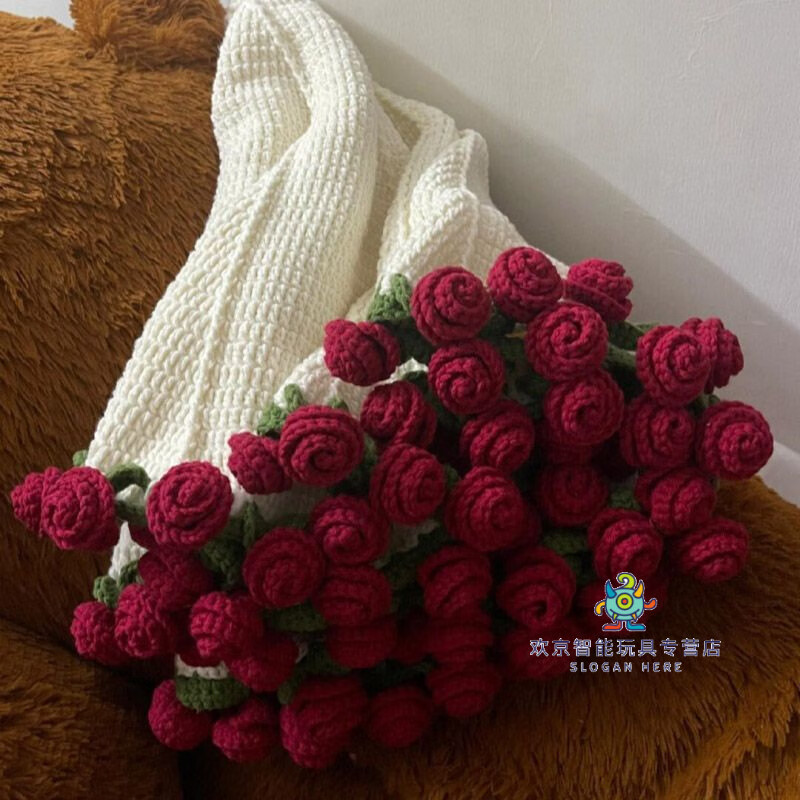 可愛(ài)途花束毯子玩偶diy材料包 玫瑰毯子手工編織毛線織花朵毛毯花鈴蘭花 玫瑰花毯50cm 1套材料包【+工具+教學(xué)】