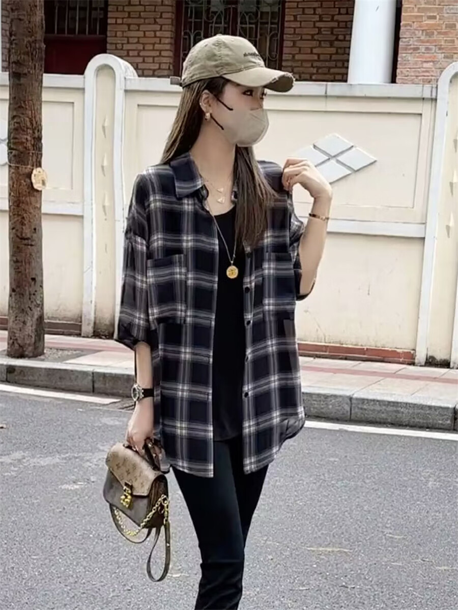 勤记格子衬衫女外套2025春夏季新款格子防晒衣衬衫女外套2025夏季新款 蓝格 S[建议90-100斤] 均码