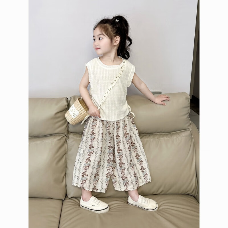 G.duck女童夏季套装2026新款小女孩无袖T恤上衣夏装碎花直筒休闲裤套装 米白色抽绳背心+碎花阔腿裤 100 码（身高80-90cm）