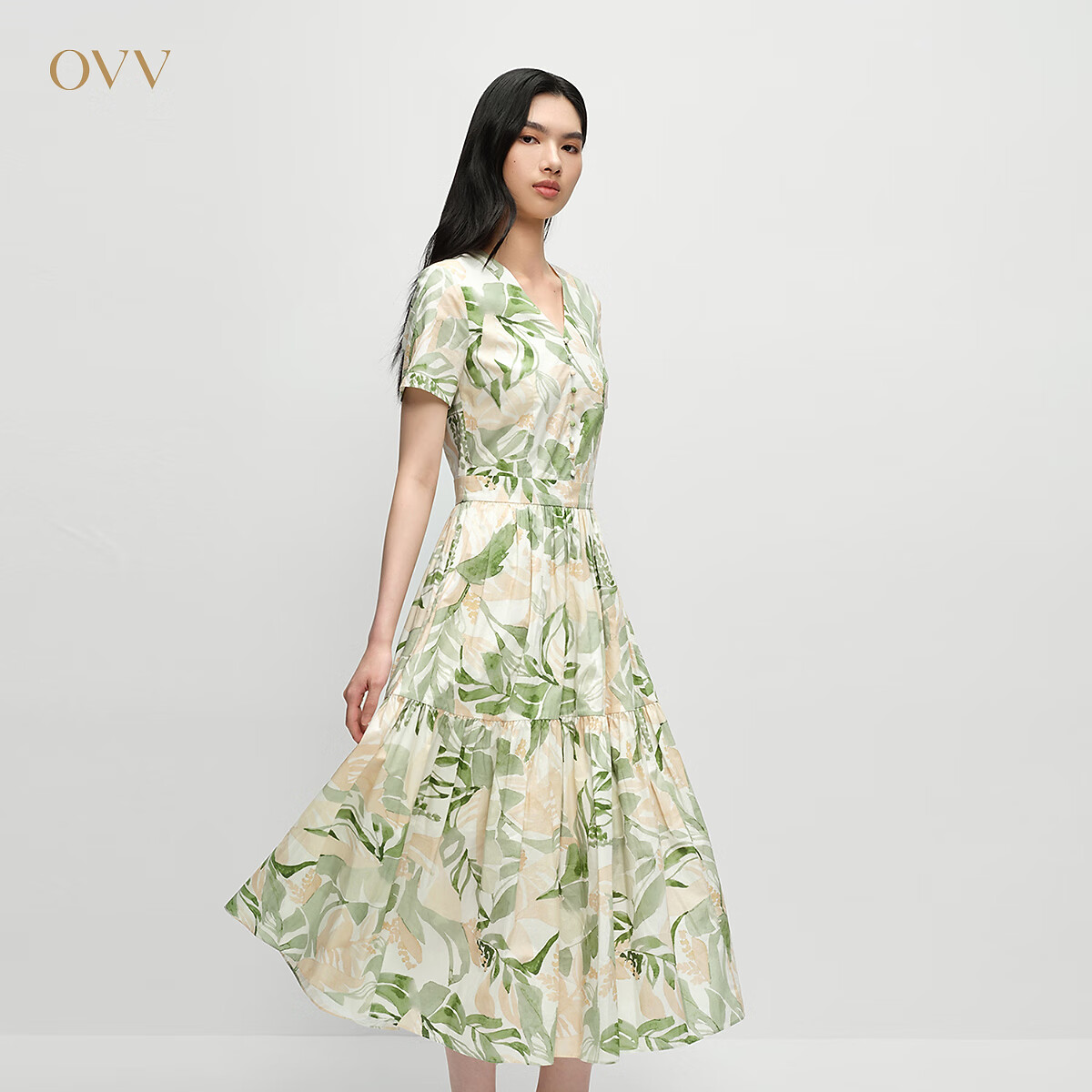 OVV2025春夏新款女装V领轻盈飘逸清新印花短袖连衣裙 尤加利绿 L