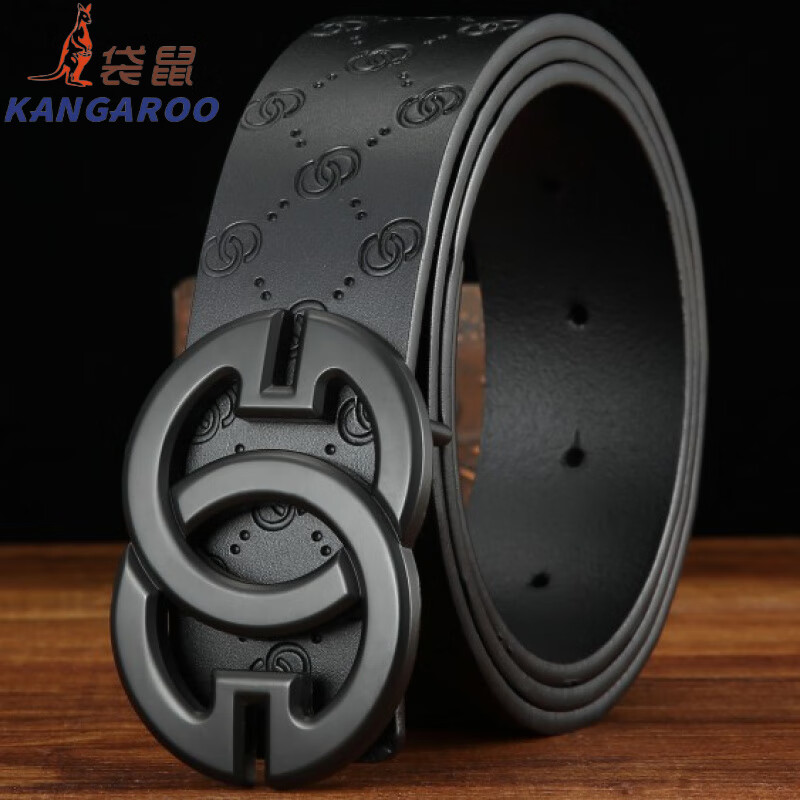 袋鼠（KANGAROO）法國進口品質男士輕人潮流帶腰帶精神小伙品青時尚字母打孔 雙紋皮帶+黑扣 105cm