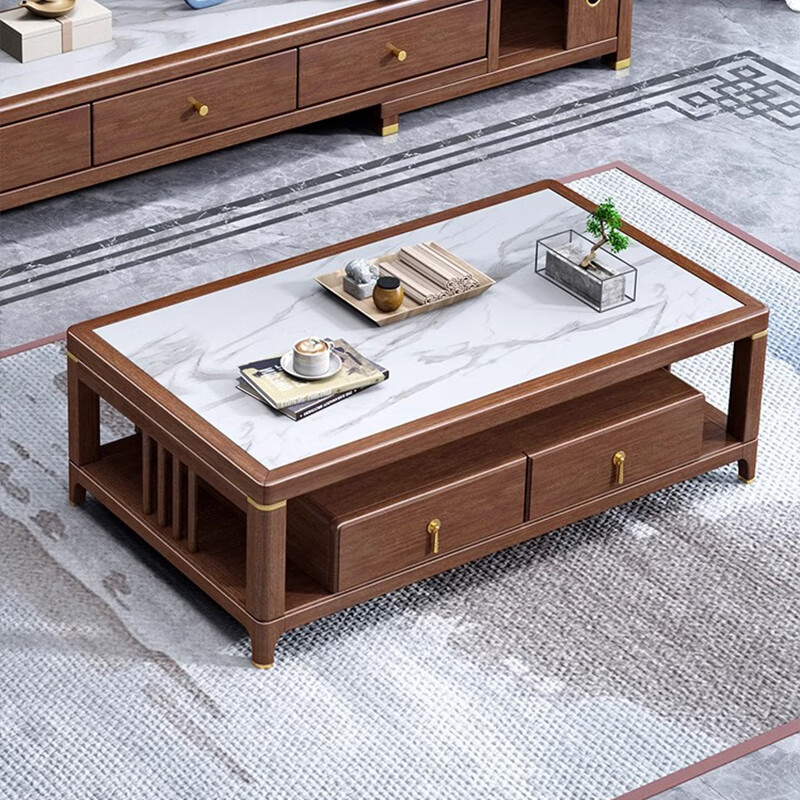 別致木語實木茶幾新中式實木巖版茶幾電視柜組合輕奢胡桃木小戶型客廳茶桌 茶幾+210203巖板電視柜