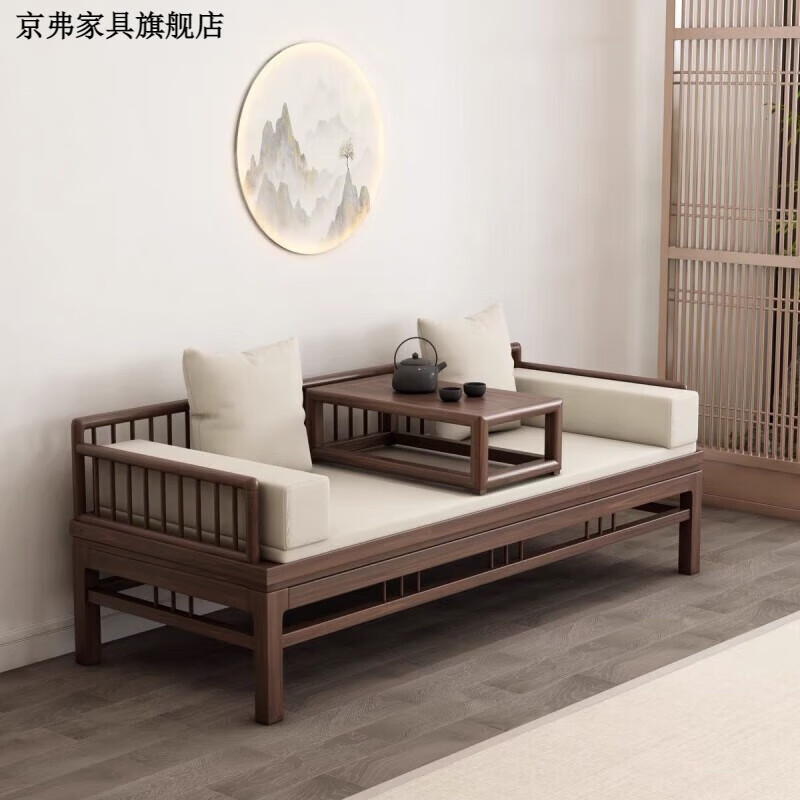 花娣中式實(shí)木羅漢床推拉沙發(fā)床客廳小戶型禪意家具現(xiàn)代床榻兩用推拉床 豎條+炕桌+5件套 固定款180*80*70