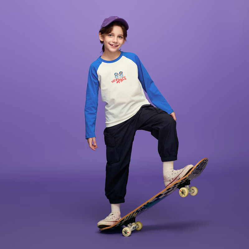 马骑顿(MQD)MQD童装男大童25新品潮酷休闲撞色插肩袖卡通圆领T恤亲子 宝蓝 120