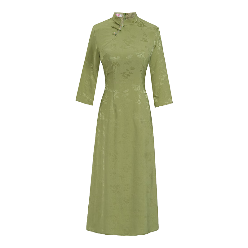 秀觀唐碧彩2025春秋裝新款高端提花中式國風(fēng)女長款A(yù)擺七分袖旗袍裙 綠色 M