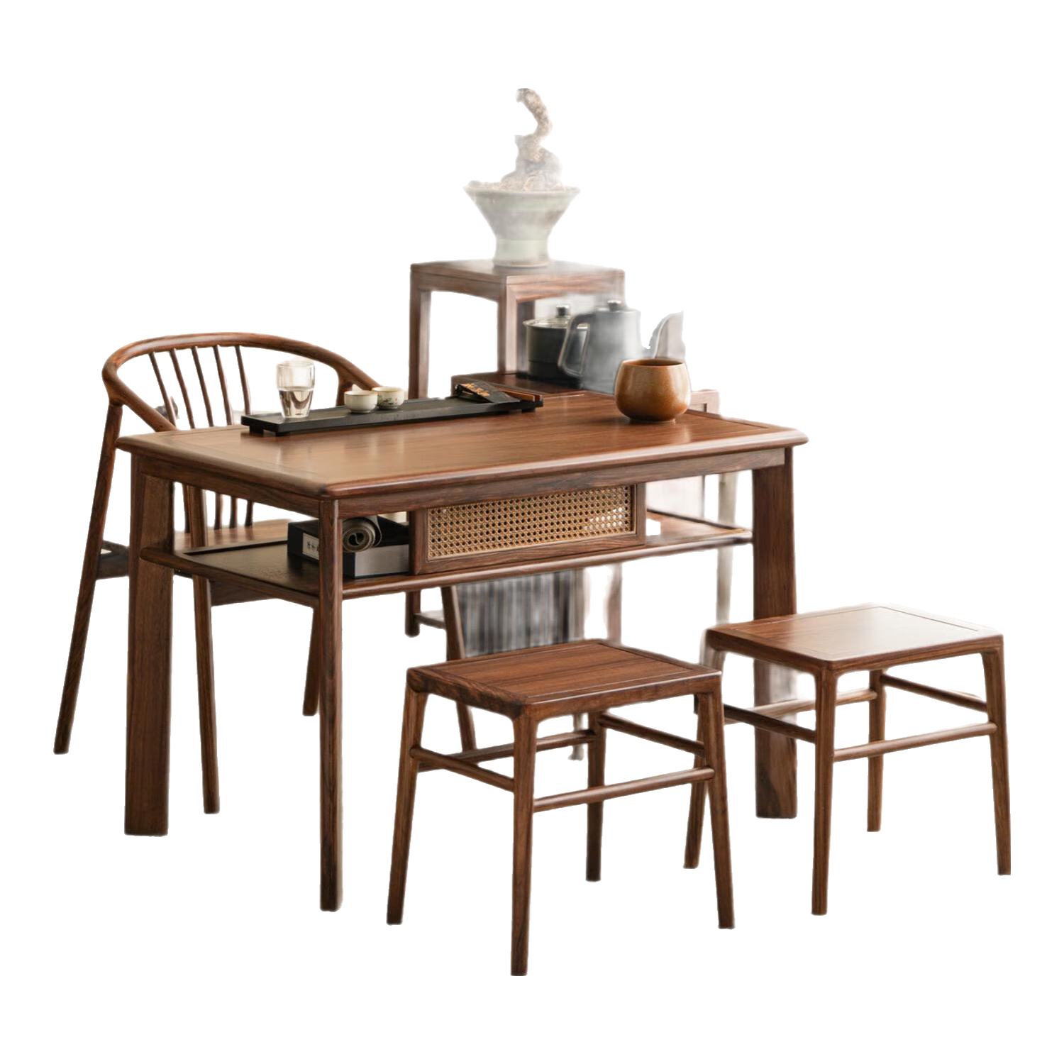 單里品牌陽(yáng)臺(tái)茶桌家用新中式北美黑胡桃實(shí)木茶臺(tái)一體桌椅組合客廳茶幾 桌子+主椅+2凳子 1.3*0.65*0.72米