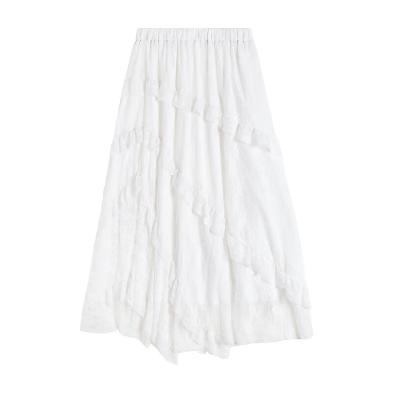 翊尚美白色半身裙女夏季新款高腰垂感a字蕾丝半裙长裙不规则蛋糕裙 白色高个子 【自带公主防透内衬】 XL 【适合126-145斤】