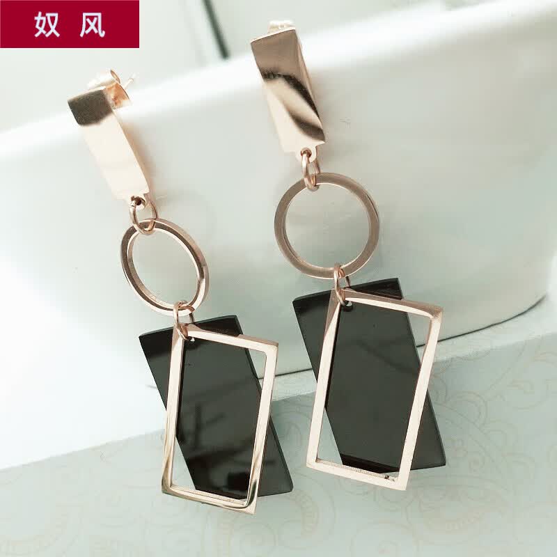 奴风 时尚耳环女气质简约个性夸张长款韩版吊坠耳饰百搭欧美潮人 玫瑰金 长方形圆圈黑长方