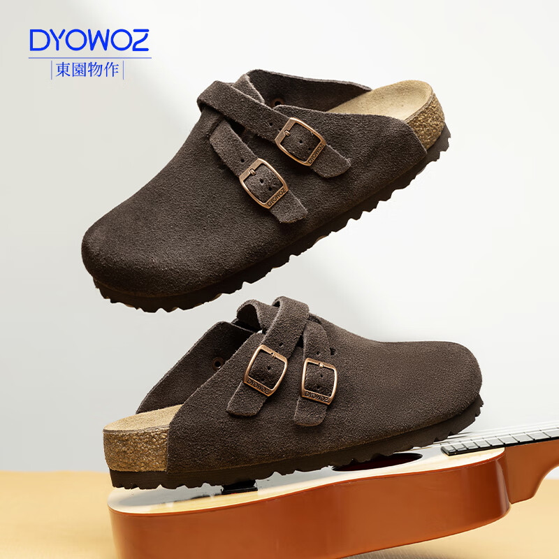 东园物作软木拖鞋真皮交叉包头拖防滑外穿百搭反绒时尚休闲勃肯半拖女鞋 深棕色 33 正码