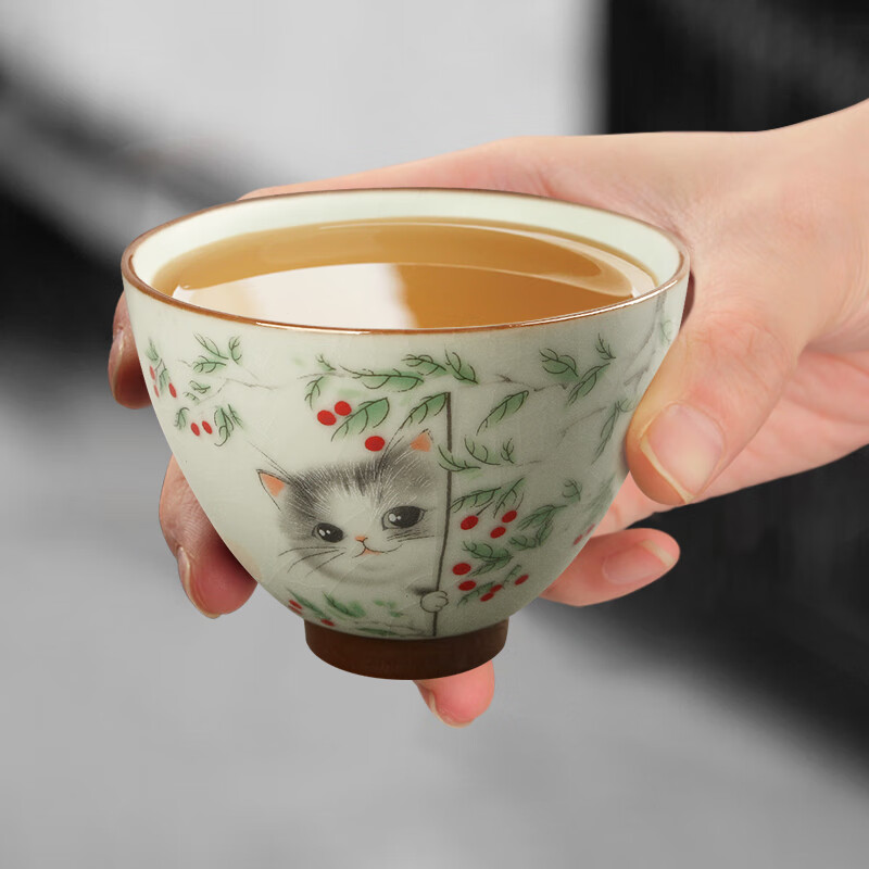 易信开片陶瓷猫咪对杯套装汝窑茶盏主人杯家用喝茶杯品茗杯喝水杯子 春分2斗笠杯-秋千猫+红果猫