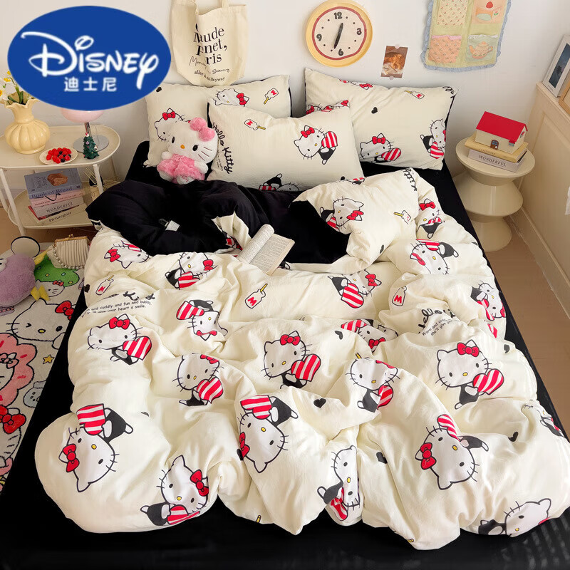 迪士尼（Disney）水洗棉春秋四件套庫洛米印花床上用品卡通宿舍親膚三件套 喝牛奶kt 1.0m床單三件套被套150*200