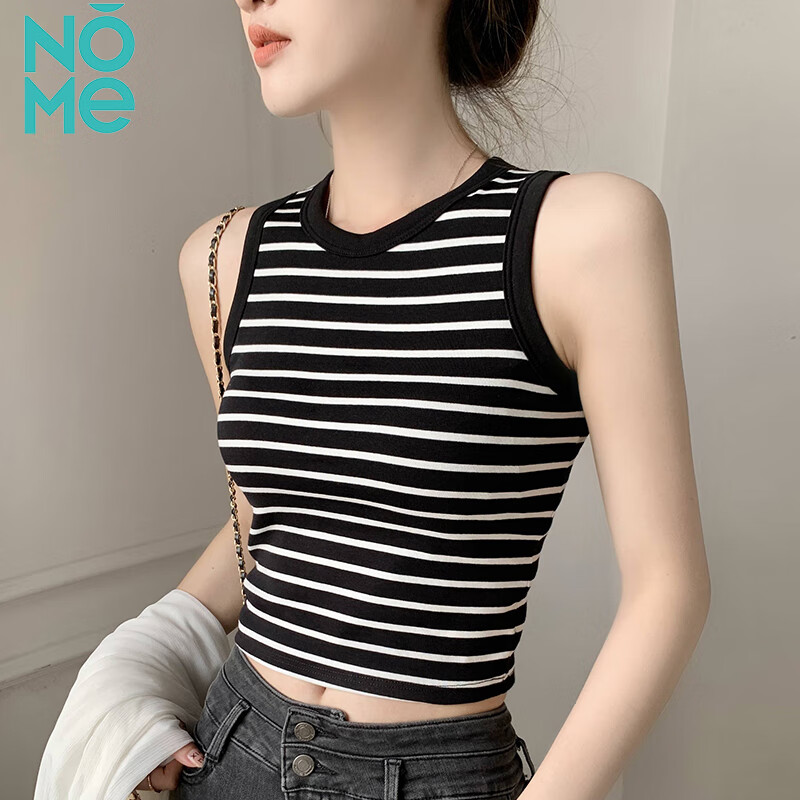 NOME帶胸墊條紋背心免穿文胸一體夏內(nèi)外搭小吊帶 黑色  M 