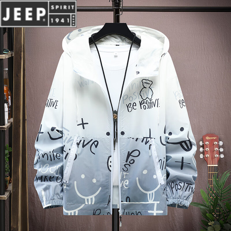 JEEP SPIRIT春秋夏季薄款夾克外套男孩12至20歲男裝青少年帥氣初中生防曬衣服 灰色 509夏薄 3XL 145-160斤左右