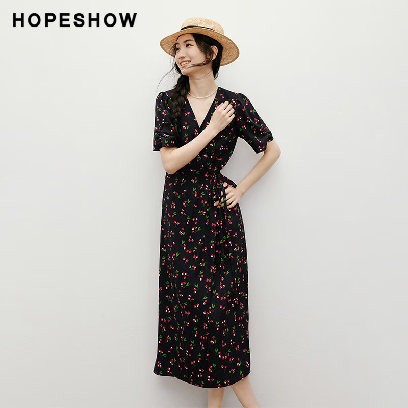 紅袖（hopeshow）碎花雪紡連衣裙2025夏季新款女裝【復古櫻桃】輕熟V領茶歇裙 黑底花658 L