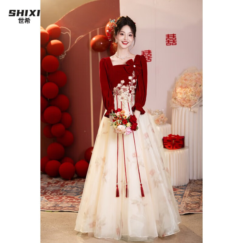 世希大碼敬酒服新娘2025新款訂婚晚禮服女連衣裙高級感結(jié)婚酒紅色長款 酒紅色長袖 L (110斤-120斤)