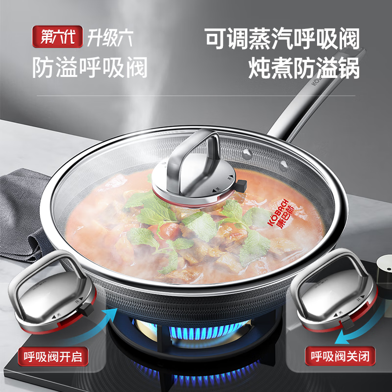 康巴赫第六代炒锅不粘锅抗菌不锈钢炒菜锅双蜂窝锅红点电磁炉燃气通用 【6代】国标I级不粘抗菌炒锅 34cm