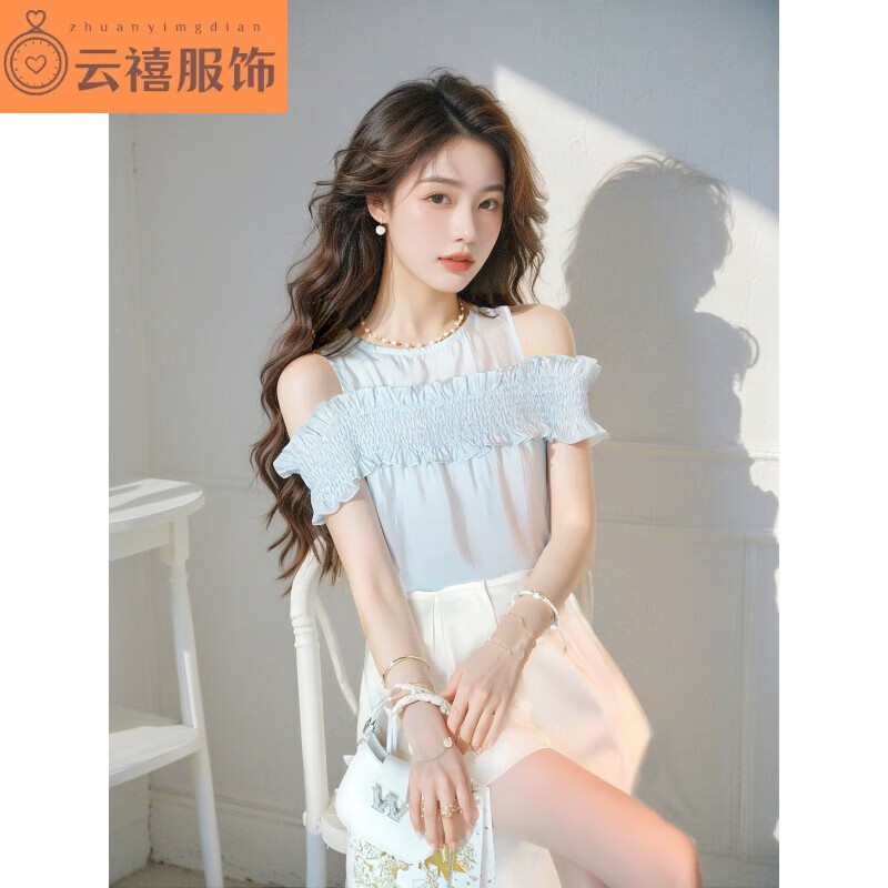 君瑞思已出貨2025夏季新款一字肩荷葉邊氣質(zhì)小衫溫柔上衣露肩雪紡衫襯衫 淺藍色 S