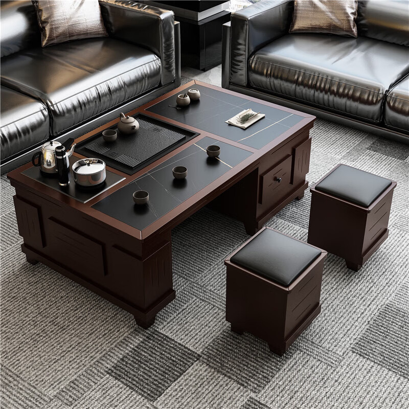 邦將巖板茶幾功夫茶具套裝一體客廳火燒石茶桌家用辦公室泡茶臺(tái) 150*90胡桃色送茶爐全套 整裝