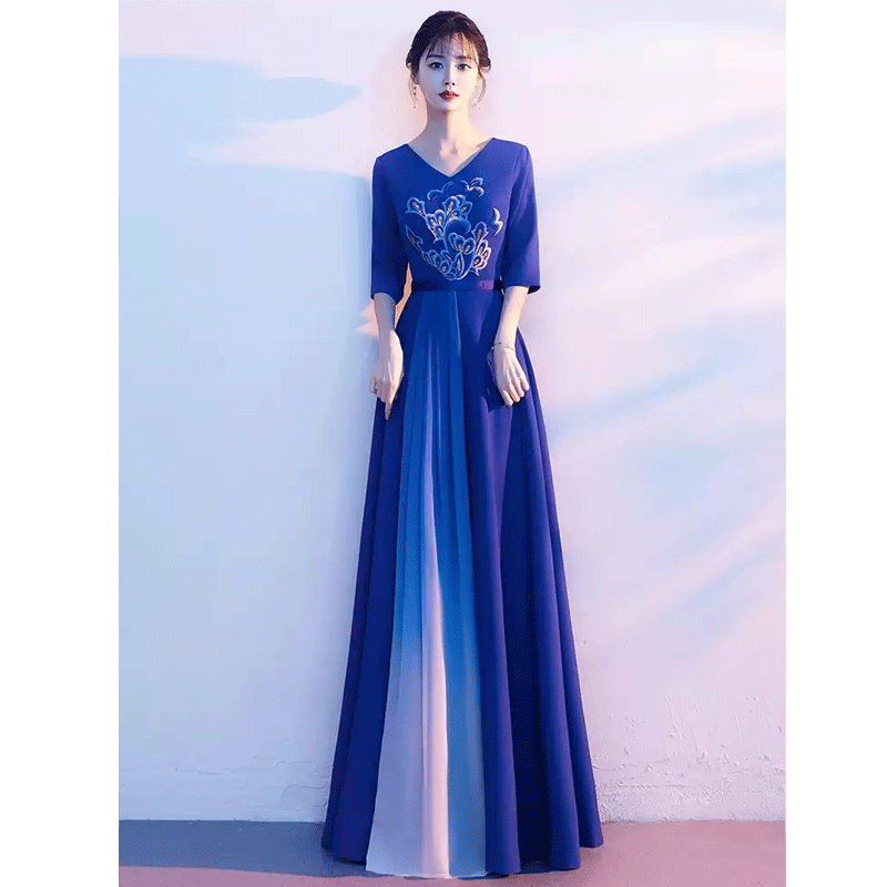 麥斯貝思成人大合唱團演出服女長裙藝考鋼琴紅歌朗誦服裝指揮成人晚禮服 寶藍色 XS