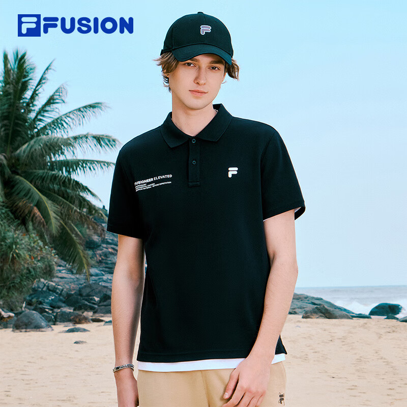 FILA FUSION斐乐潮牌男子针织短袖POLO衫夏新款时尚休闲上衣 正黑色-BK M 170/92A/M