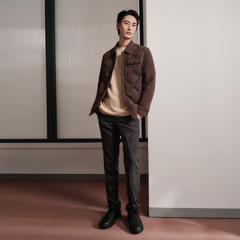 千仞岗春秋短款羽绒服男士翻领外套保暖防寒服休闲运动潮流轻薄工装夹克 巧克力棕 2XL (180)