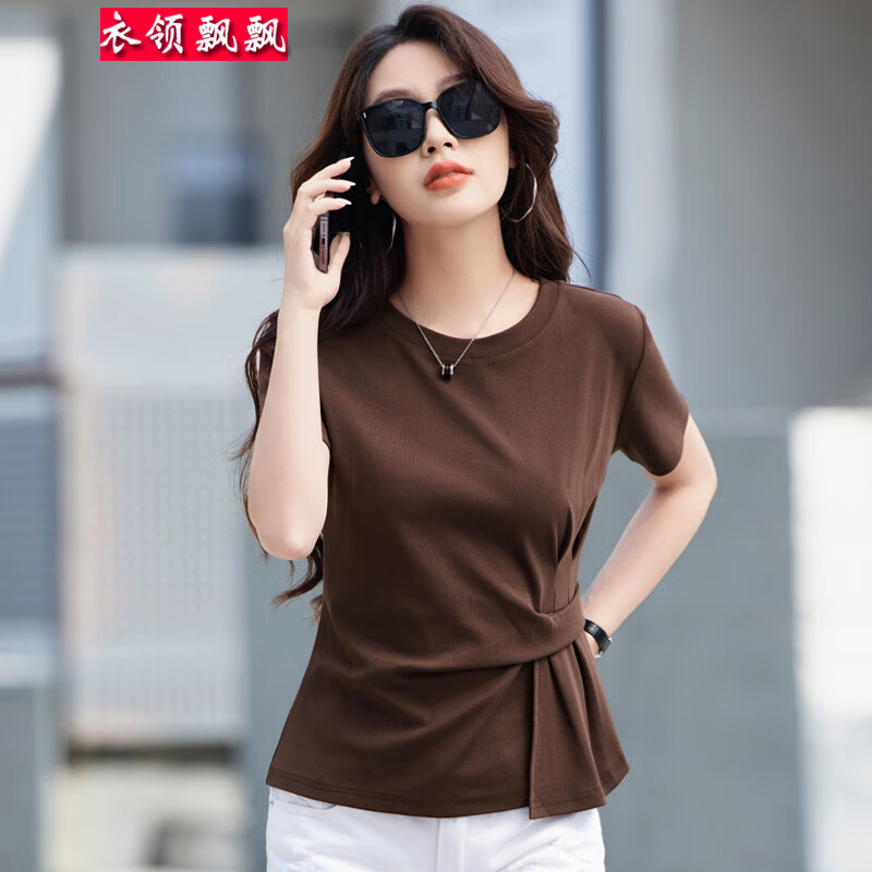 衣领飘飘时尚潮流t恤女装短袖上衣夏季女士衣服新款洋气个性韩版体恤小衫 咖啡色 S (80-95斤)