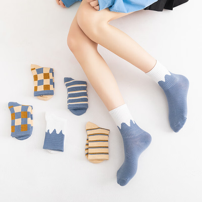 米大爷6双装袜子女秋冬季中筒袜女士休闲棉袜格子款女袜运动潮流长袜子 英伦格子款中筒女袜 均码