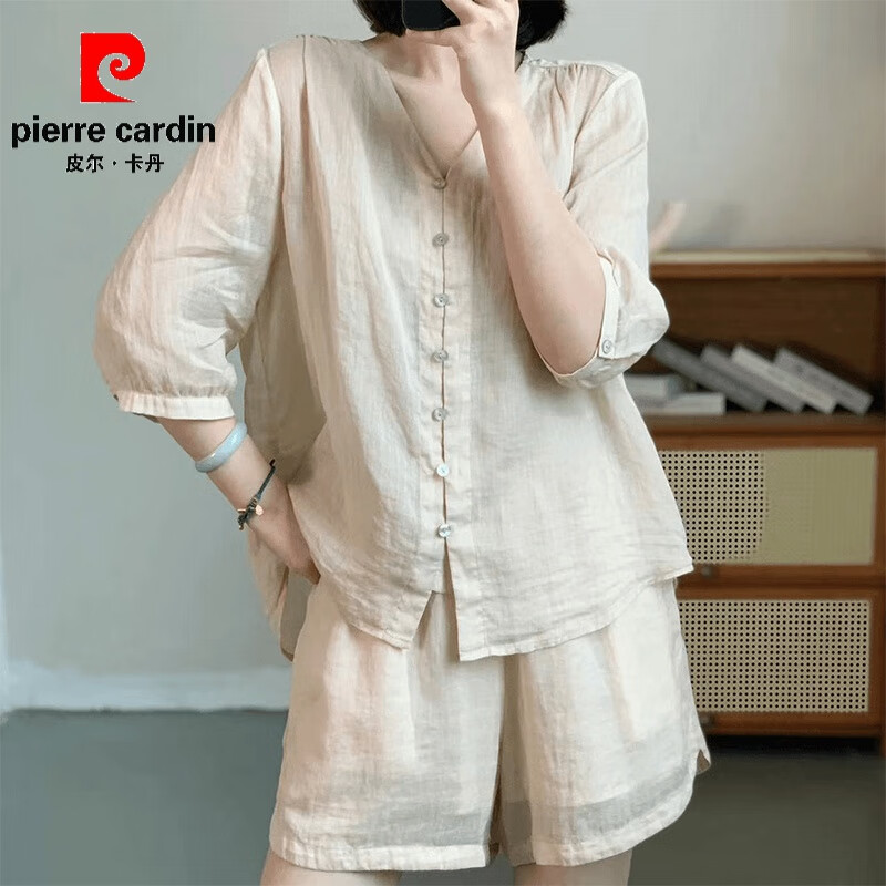皮爾卡丹（pierre cardin）苧麻V領(lǐng)中袖襯衫套裝女夏季新款棉麻薄款高腰闊腿短褲亞麻兩件套 香檳色 M (建議100斤以內(nèi))