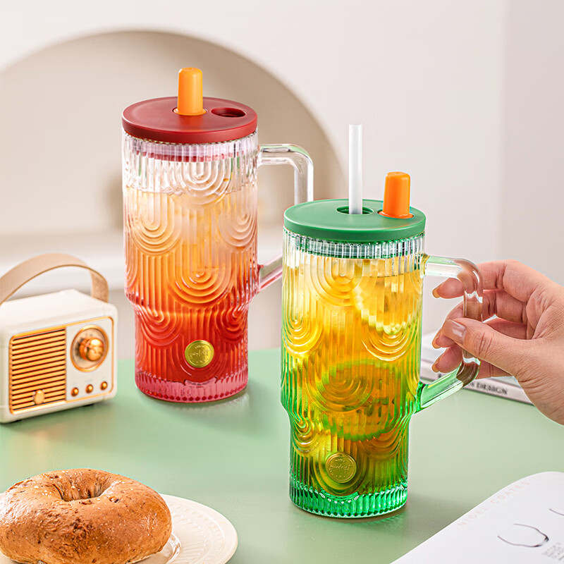 乐唯诗网红超大容量把手吸管玻璃杯子冰霸杯高颜值家用办公室巨无霸水杯 冰霸吸管杯【樱桃红】 620ml 1只