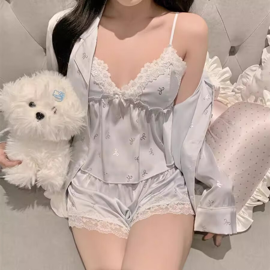 梦鸾睡衣女春秋季冰丝长袖2025新款夏天蕾丝吊带四件套带胸垫家居服夏 1196DA 千金蓝 吊带短裤 两件套 M