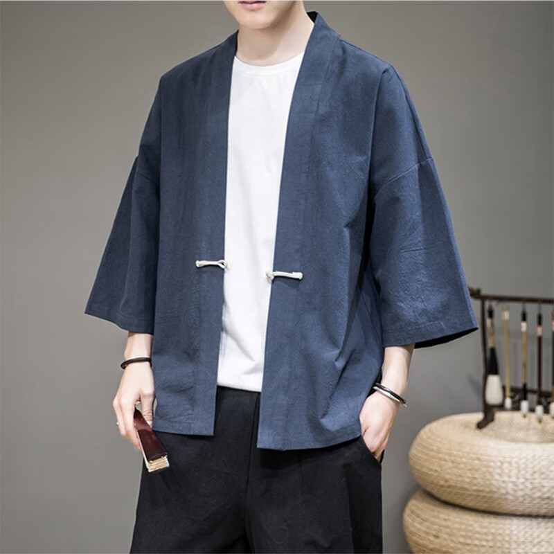 米詩德（MISHIDE）中國風(fēng)道袍外套男中式唐裝改良漢服和服羽織中國風(fēng)道袍民族風(fēng)開衫 717藏青色 M110斤下 均碼