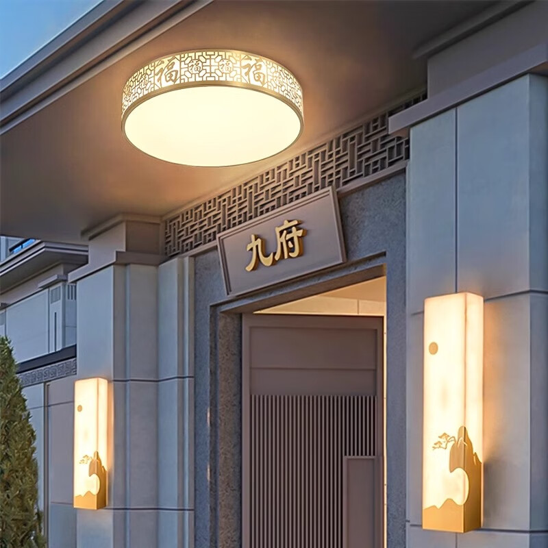 瓦諾蘭別墅大門吸頂燈防水農(nóng)村自建房門廳燈入戶戶外大門口照明燈陽臺燈 【百福臨門】30cm/48w/三色光