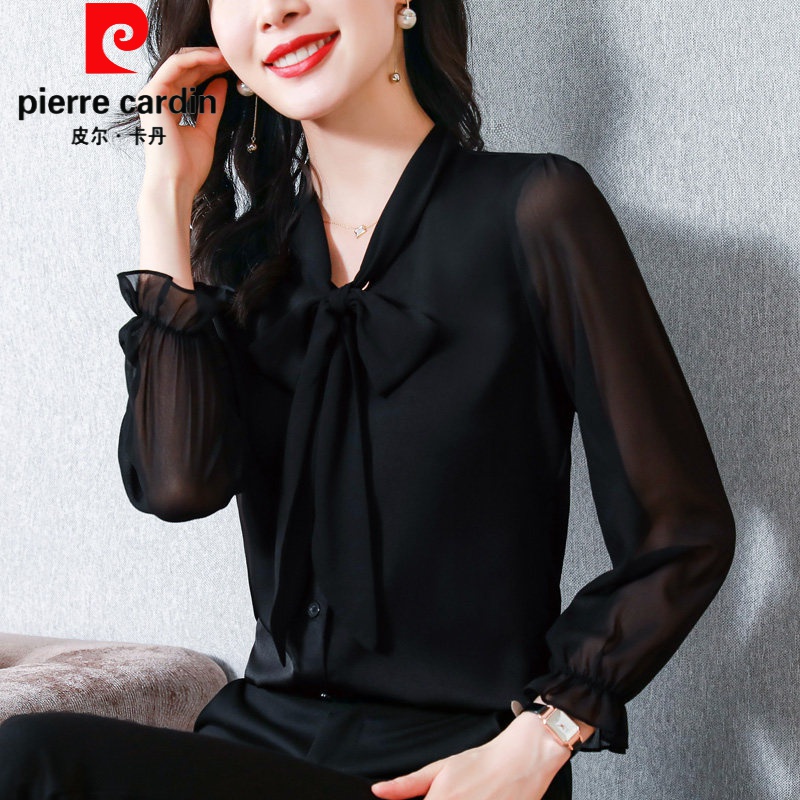 女装 重磅真丝衬衫女长袖春秋洋气黑色飘带小衫桑蚕丝高端职业上衣