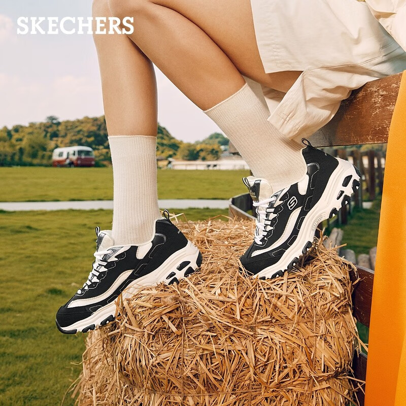 斯凯奇（Skechers）休闲鞋女珠珠熊猫鞋 潮流女鞋 厚底增高复古老爹鞋子 149463 黑色/白色/BKW 38