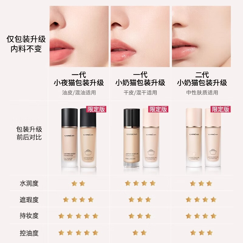 卡姿兰(Carslan)粉底液持久不脱妆干皮遮瑕bb霜女水润底妆三合一小奶猫官方正品 03#【偏黄肤色-干皮】奶猫水润版