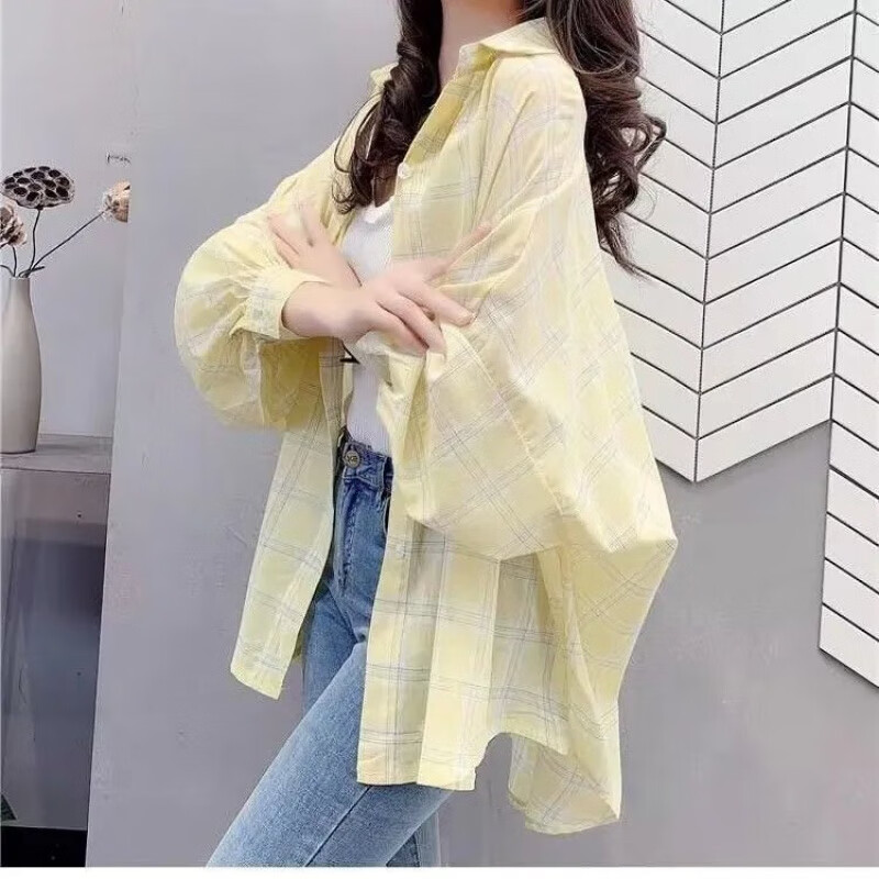 南糖三色2025夏季新款雪紡防曬格子襯衫女長袖韓版寬松中長款薄外套上衣 黃色 3XL