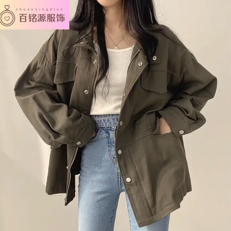 君瑞思韓國(guó)chic秋季復(fù)古氣質(zhì)假口袋設(shè)計(jì)收腰顯瘦工裝夾克風(fēng)衣外套女 軍綠色 3XL