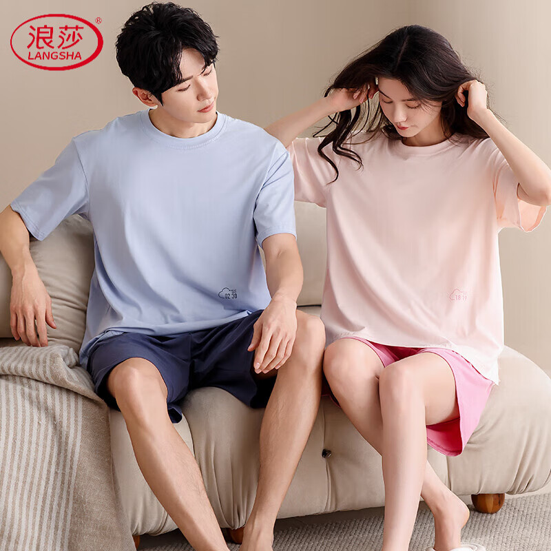 浪莎（langsha）纯棉情侣睡衣女夏季短袖2025新款夏天女款带胸垫家居服可外穿男士 何以永恒[纯棉] M 女[纯棉带胸垫]