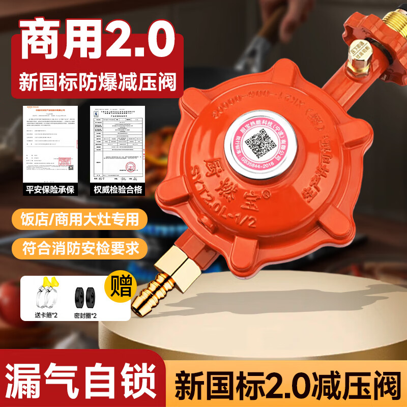 厨燃宝 国标2.0商用煤气减压阀饭店猛火灶防爆自闭液化气罐大流量安全阀 【全铜直插】商用2.0减压阀