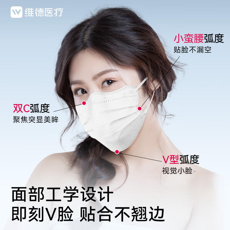 维德（WELLDAY）医用外科口罩一次性口罩独立包装修饰脸型防花粉尘雾霾透气 【蝶型白色】50只/盒 【1盒】50只