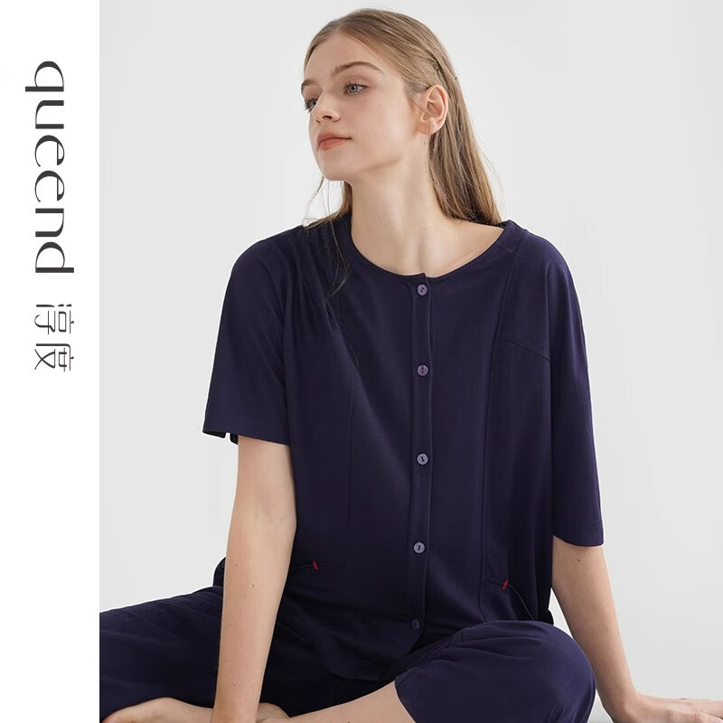 淳度【復(fù)古丹寧】新款睡衣女夏短袖長(zhǎng)褲休閑可外穿家居服套裝 暮光藍(lán) L