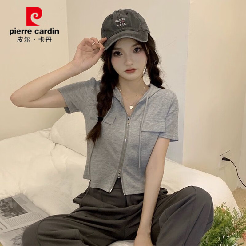皮尔卡丹(pierre cardin)拉链连帽短袖t恤女2026夏季新款韩系修身显瘦遮肚子短款甜辣上衣 灰色【面料不起球不掉色】 M 建议86-100斤