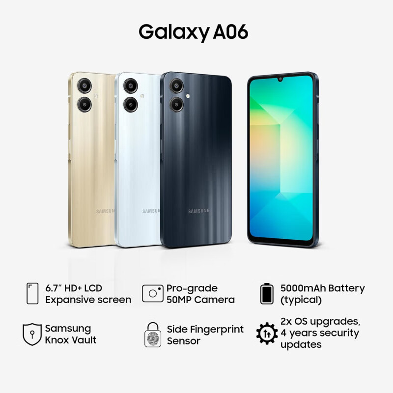 三星（SAMSUNG）现货 Samsung/三星 Galaxy A06 新款 海外版LCD护屏幕 4G手机 三星A06 金色 官方标配 Global Version 4GB 6