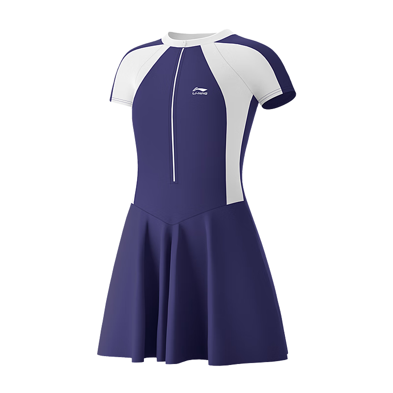 李宁（LI-NING）儿童泳衣女童连体裙式青少年游泳衣学生女孩泳装7144藏青150