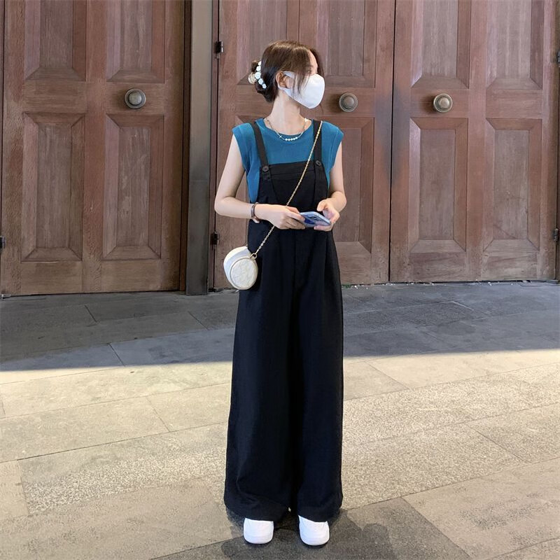 筱琰黑色雪紡背帶褲女春秋新款連體褲小個(gè)子時(shí)尚減齡長褲赫本風(fēng)吊帶褲 黑色背帶褲 S (70-80斤)