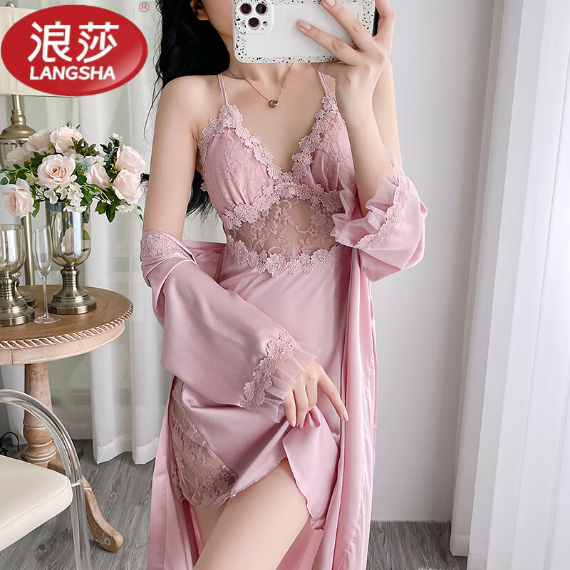 浪莎（LangSha）轻奢睡衣女年新款真丝薄款蕾丝露背睡裙性感带胸垫吊带睡袍两件套 粉色(袍吊一整套) 2XL (140斤-155斤)