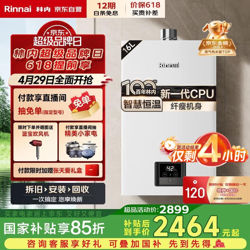 林内（Rinnai）【小蛮腰】16升燃气热水器 【家电国家补贴15%】智慧恒温 全新升级CPU 16GD31（JSQ31-GD31）