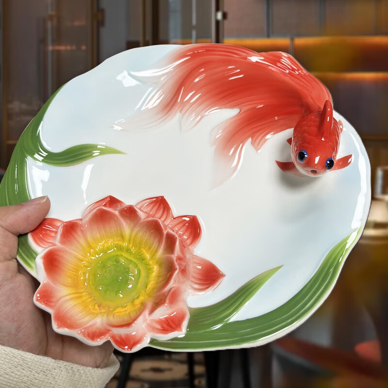 金雅福新款创意中式浮雕金鱼餐盘水饺专用盘陶瓷饺子盘带醋碟小吃薯条盘 9英寸金鱼饺子盘