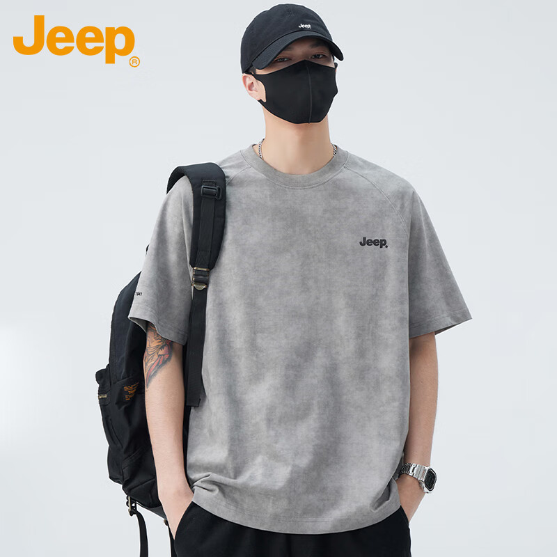 JEEP吉普短袖T恤男士夏季纯棉潮流休闲宽松凉感上衣服男装 灰色 L